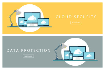 Poster - Set of flat design illustration concepts Cloud security and Data protection. Banners for web design, marketing and promotion. Presentation templates. Vector illustration.