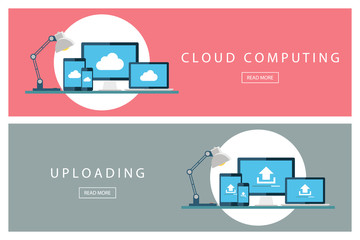 Poster - Set of flat design concepts Cloud computing and Uploading technology. Banners for web design, marketing and promotion. Presentation templates. Vector illustration.