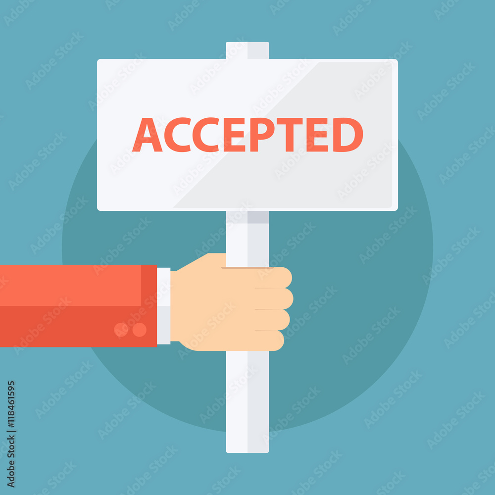 Male hand holding Accepted sign. Flat design vector illustration. Stock ...