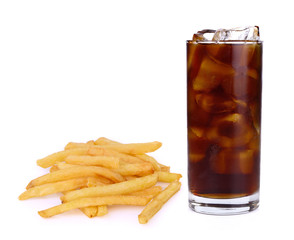 Fresh coke in glass and french fries isolated on a white backgro