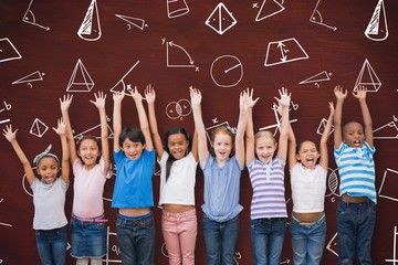 Sticker - Composite image of cute pupils smiling at camera in classroom