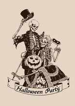 Vintage Skeletons Pumpkin Halloween Poster Party Vector Illustration