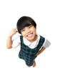 © escapejaja - happy schoolgirl , childhood and education concept - happy little girl Finger pointed at the headFinger