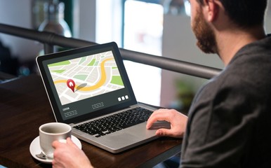 Poster - Composite image of navigation map with red pointer 