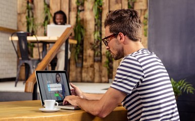 Poster - Composite image of login with smiling glasses woman and pad