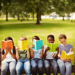 Sticker - Composite image of children reading books at park