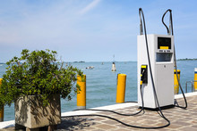 Venice, Italy, June - 21, 2016: Boat Petrol Station In Venice, Italy