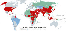 Death Penalty Countries World Map. Retentionist States With Capital Punishment In Red Color. Abolitionist Countries And Nations Where It Is Completely Abolished In Different Colors. English Labeling