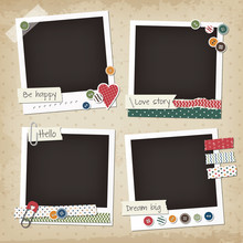 Scrapbook Vintage Set Of Photo Frames With Buttons, Stickers, Washi Tapes. Retro Scrapbook Design Elements.
