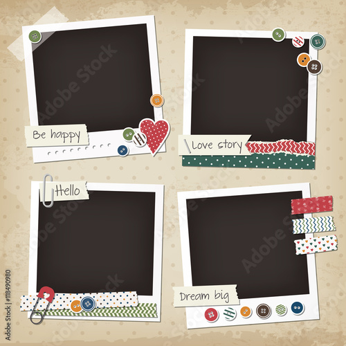 Fotomural Scrapbook vintage set of photo frames with buttons, stickers, washi tapes