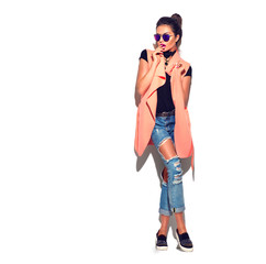 Wall Mural - Beauty stylish brunette woman posing in fashionable clothes