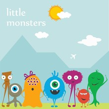 Vector Cute Monsters Friends On The Flat Background Of Mountains And Sky. Decorated With Sun And Clouds