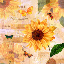 Vintage Collage With Sunflowers And Butterflies On Old Ephemera