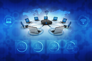 Poster - 3d rendering Transmitter Wi-Fi modem with laptop
