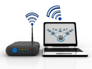 Poster - 3d rendering Transmitter Wi-Fi modem with laptop
