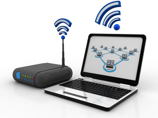 Poster - 3d rendering Transmitter Wi-Fi modem with laptop
