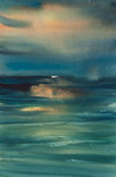 Watercolor painting of sea at sunset time, watercolor background texture