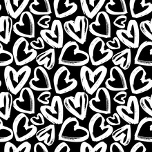 Seamless Pattern White Heart On Black Background, Monochrome Heart Pattern, Vector Illustration, Design For Banner, Flyer, Card, Invitation, Holiday, Wrapping, Textile