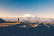 Traveler looking to Elbrus mountain