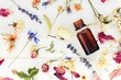 Aromatic essential oil. Top view dropper bottle among colourful dried flowers, medicinal herbs gathering, scattered white wooden table.  
