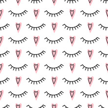 Abstract Pattern With Closed Eyes And Pink Hearts. Cute Eyelashes Background Illustration. Fashion Design For Textile, Wallpaper, Fabric Etc.