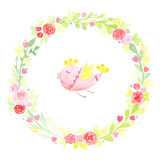 Fototapeta Paryż - Hand drawn watercolor wreath with abstract flowers, leaves and cute bird isolated on a white background