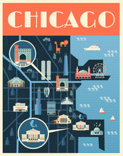 Vector Poster Illustration Of Map With Landmarks Of Chicago. Famous Places, Historical Buildings, Sightseeing And Known Museums. Flat Style.