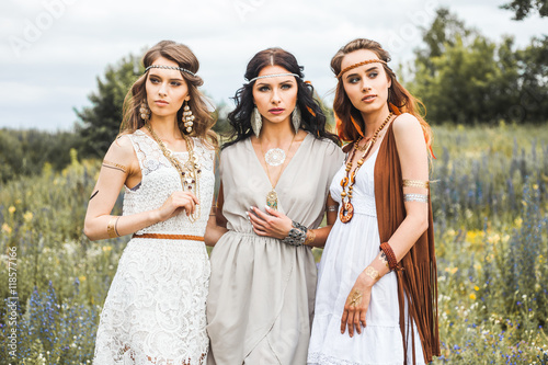 Three Beautiful Cheerful Hippie Girls Best Friends The Outdoors