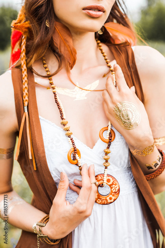 Three Beautiful Cheerful Hippie Girls Best Friends The Outdoors