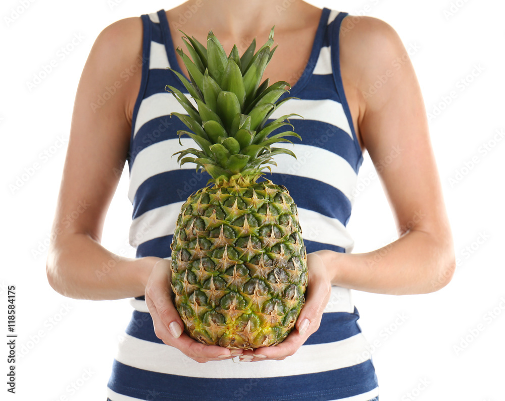 Woman holding pineapple, isolated on white