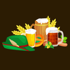 Wall Mural - germany beer festival oktoberfest, bavarian beer in glass mug, traditional party celebration, vector illustration