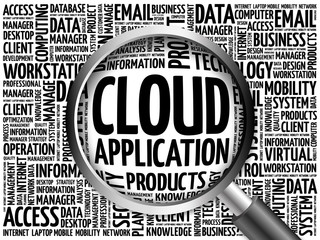 Poster - Cloud Application word cloud with magnifying glass, business concept 3D illustration