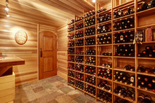Bright Home Wine Cellar With Wooden Storage Units With Bottles.