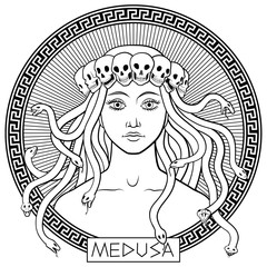 Portrait of ancient greek mythical character Medusa Gorgona in a crown of skulls. Hand-drawn black and white vector illustration