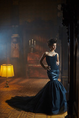 Wall Mural - Gorgeous model in dark blue evening gown stands before the windo