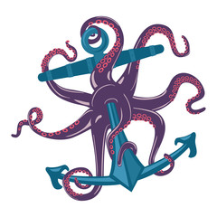 Wall Mural - Cartoon blue octopus with tentacles and suction cups on anchor. Underwater cuttlefish or spineless mollusk,ocean or sea cephalopod with wavy arms,seafood squid. May be used for tattoo or mascot emblem