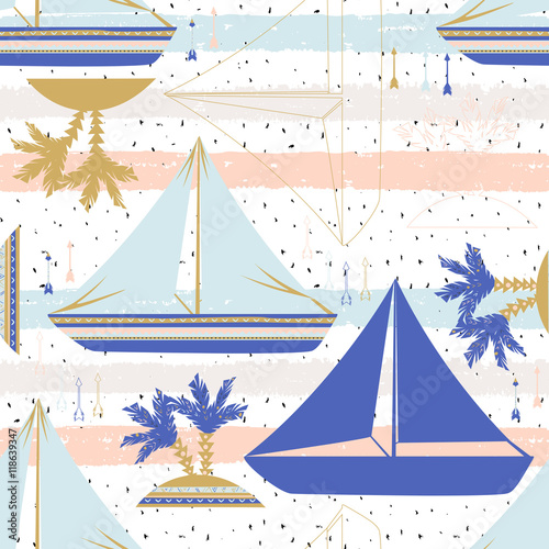 Abstract hand drawn  striped pattern with yachts.  Creative background for wr...
