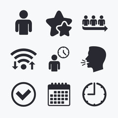 Poster - Queue icon. Person waiting sign. Check and time.