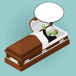 Zombies in coffin in pop art style. Green dead man in wooden she