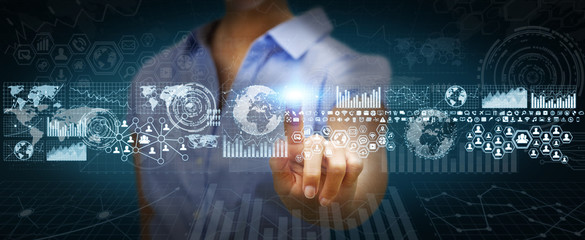 Poster - Businesswoman using digital tactile screen with charts