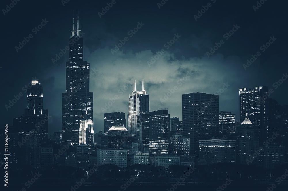 Chicago City Skyline Dark Blue - obrazy, fototapety, plakaty 