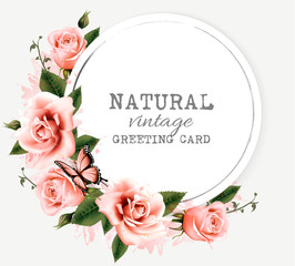 Fototapete - Nature vintage greeting card with beauty flowers and butterfly.