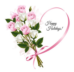 Fototapete - Beautiful holiday card with pink and white roses. Vector.