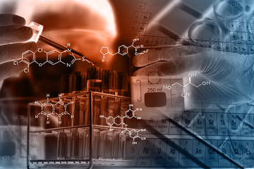 laboratory glassware containing chemical liquid, science research,double exposure of scientist and t