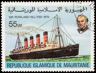 Wall Mural - Old steamship with portrait of Sir Rowland Hill on postage stamp