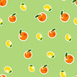 Seamless pattern with small lemon, orange stickers. Fruit isolated on a light green background
