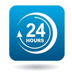 Poster - Round clock support icon in flat style in blue square. Service symbol