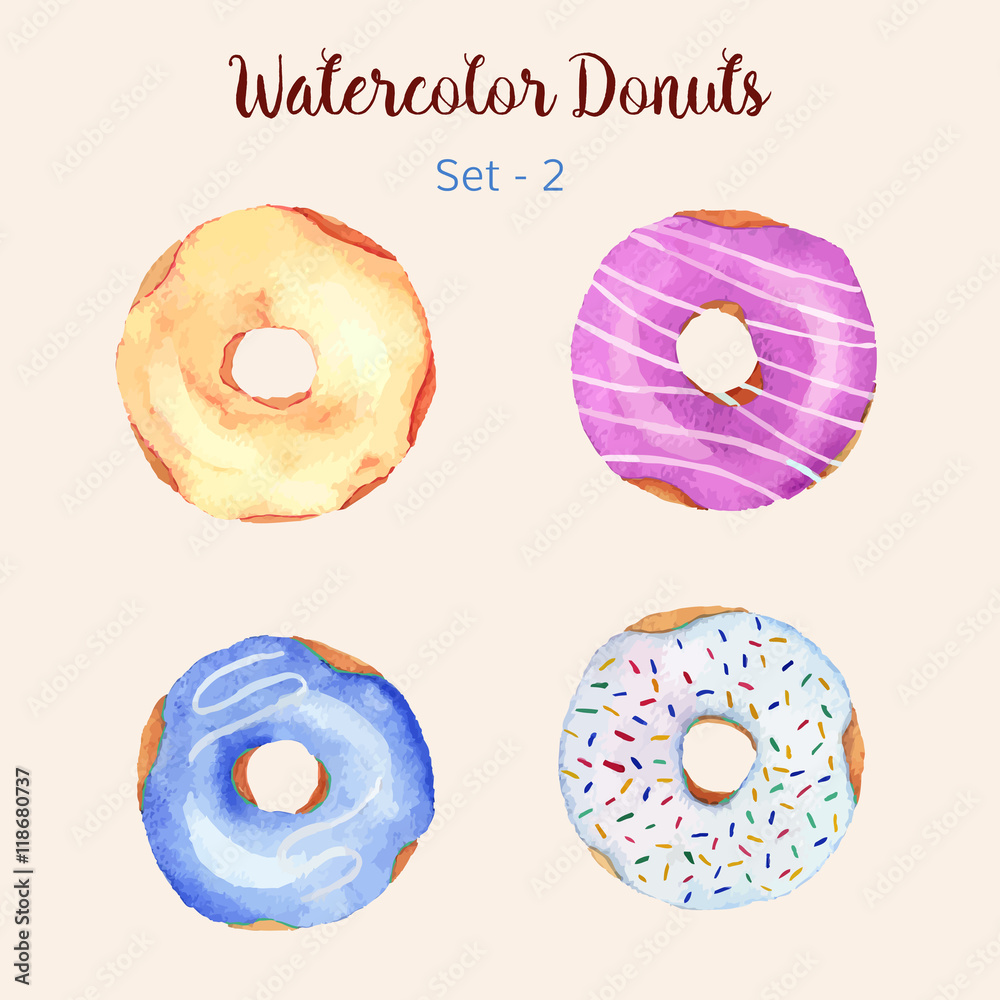 Watercolor donut set isolated on a light background. Hand painted ...