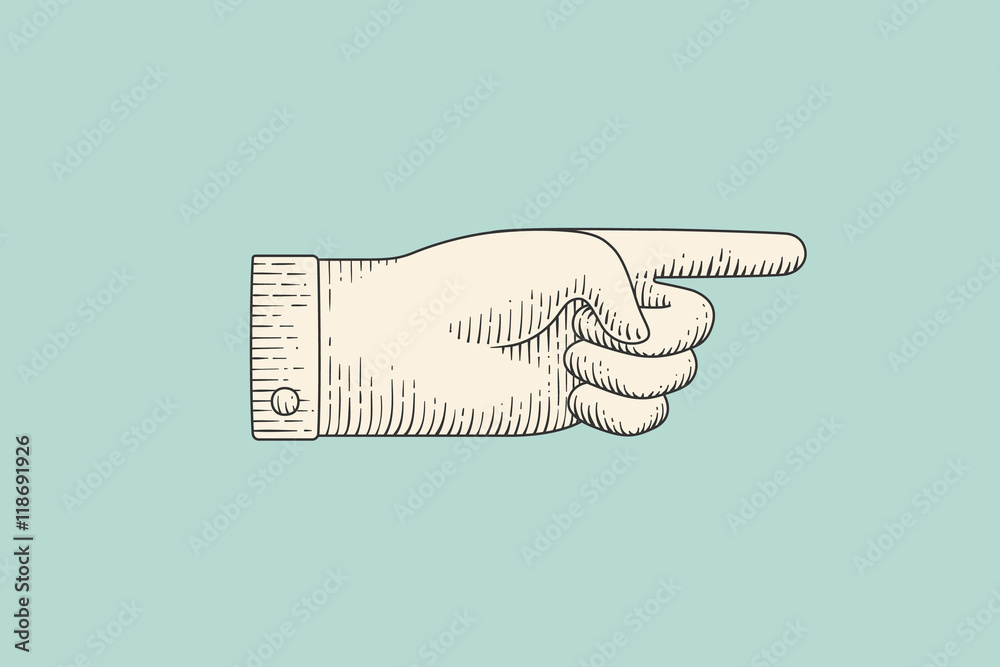 Old Point Computer Hand Sign Vintage drawing of hand sign with pointing finger in engraving retro ...