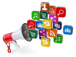 Poster - Megaphone with cloud of application icons. Digital marketing con